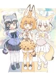  3girls :3 :d animal_ear_fluff animal_ears bangs black_eyes black_hair black_neckwear black_skirt blonde_hair blunt_bangs bow bowtie brown_eyes center_frills commentary_request common_raccoon_(kemono_friends) double_w elbow_gloves eyebrows_visible_through_hair fang fangs fennec_(kemono_friends) fox_ears fox_tail full_body fur_collar fur_trim gloves grey_hair high-waist_skirt highres kemono_friends kolshica looking_at_viewer multicolored_hair multiple_girls open_mouth pleated_skirt print_legwear print_neckwear print_skirt puffy_short_sleeves puffy_sleeves raccoon_ears raccoon_tail serval_(kemono_friends) serval_ears serval_print serval_tail shoes short_hair short_sleeves skirt smile tail thighhighs w white_hair white_skirt yellow_eyes yellow_neckwear 