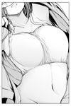  armpits arms_up breasts close-up collarbone commentary_request greyscale head_out_of_frame highres jacket large_breasts matsukaze_mayu monochrome nande_koko_ni_sensei_ga!? navel open_clothes open_jacket parted_lips soborou solo torso 