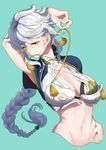  aqua_background armpits asymmetrical_hair banned_artist braid breasts cleavage cloud_print kantai_collection large_breasts long_hair mouth_hold short_sleeves silver_hair simple_background single_braid solo tachikoma_(mousou_teikoku) unryuu_(kantai_collection) very_long_hair vest yellow_eyes 