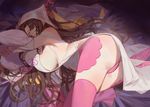  ass bad_id bad_pixiv_id breasts brown_eyes brown_hair fate/extra fate/extra_ccc fate_(series) horns large_breasts long_hair lying on_side pillow pink_legwear red_cucumber sesshouin_kiara sideboob solo thighhighs thighs 