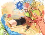  absurdres akino_hazuki arms_(game) bad_id bad_pixiv_id bangs beanie bike_shorts blonde_hair boxing_gloves chinese_clothes dragon_(arms) facepaint food green_eyes hat highres leggings legwear_under_shorts looking_at_viewer mask megawatt_(arms) min_min_(arms) noodles short_hair shorts solo 