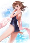  1girl adjusting_clothes adjusting_swimsuit ass bare_shoulders blue_sky blue_swimsuit blush breasts brown_eyes brown_hair cloud commentary_request day eyebrows_visible_through_hair from_behind hair_ornament looking_at_viewer looking_back misaka_mikoto one-piece_swimsuit open_mouth outdoors puma_(hyuma1219) school_swimsuit shiny shiny_skin short_hair sky small_breasts smile solo spiked_hair standing swimsuit teeth to_aru_majutsu_no_index towel 