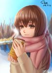  absurdres blush brown_coat brown_eyes brown_hair can coat highres holding holding_can looking_at_viewer original pink_scarf scarf shon short_hair smile snow solo steam winter_clothes winter_coat 