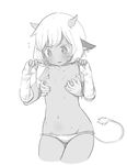  animal_ears bra breast_grab breast_squeeze breasts bridal_gauntlets cow_ears cow_girl cow_horns cow_tail dark_skin done_(donezumi) fang flying_sweatdrops grabbing greyscale horns jewelry monochrome navel open_bra original panties short_hair single_earring small_breasts sweat tail underwear 