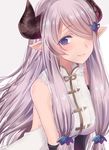  asa_(coco) asymmetrical_gloves black_gloves blue_eyes blush braid breasts draph elbow_gloves from_side gloves granblue_fantasy hair_ornament hair_over_one_eye horns large_breasts lavender_hair long_hair looking_at_viewer narmaya_(granblue_fantasy) pointy_ears single_braid sleeveless solo upper_body 