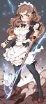  apron bangs black_legwear blunt_bangs bow bowtie breasts brown_hair cleavage clenched_hand commentary detached_collar dress dust eyebrows frilled_dress frilled_legwear frills frown hair_ribbon holding holding_sword holding_weapon idolmaster idolmaster_cinderella_girls kamiya_nao lightning long_hair looking_at_viewer maid maid_apron maid_headdress medium_breasts orange_maru puffy_sleeves red_eyes ribbon serious shoes solo sword thighhighs wavy_hair weapon wrist_cuffs 