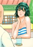  1girl absurdres bare_shoulders black_hair breasts cleavage cup dan_tetsuo fubuki_(one-punch_man) green_eyes hand_on_neck highres large_breasts looking_at_viewer one-punch_man saitama_(one-punch_man) short_hair solo_focus strapless tubetop 