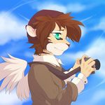  5_fingers anthro blue_eyes brown_hair clothed clothing day feathered_wings feathers feline hair holding_object hybrid mammal outside rikitoka sky smile solo wings 
