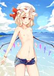  :o absurdres bikini blue_sky breasts cloud cloudy_sky cowboy_shot day flandre_scarlet hat hat_ribbon highres lens_flare looking_at_viewer mob_cap mu_yan navel nipples outdoors pointy_ears red_bikini red_ribbon ribbon short_shorts shorts sky small_breasts solo striped striped_bikini swimsuit topless touhou wings 