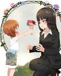  alknasn bangs black_hair blunt_bangs bouquet brown_eyes brown_hair camouflage camouflage_pants flower formal girls_und_panzer long_hair mother_and_daughter multiple_girls nishizumi_miho nishizumi_shiho pant_suit pants shirt shorts straight_hair suit t-shirt younger 