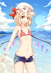 absurdres bikini blue_sky cloud cloudy_sky cowboy_shot day flandre_scarlet flat_chest hat hat_ribbon highres lens_flare looking_at_viewer mob_cap mu_yan navel outdoors pointy_ears red_bikini red_ribbon ribbon short_shorts shorts skirt sky smile striped striped_bikini swimsuit touhou water wings 