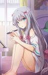  adrenaline!!! aqua_eyes bangs bare_legs barefoot blurry blush bow clothes_writing commentary_request depth_of_field eromanga_sensei eyebrows_visible_through_hair grey_hair hair_bow holding indoors izumi_sagiri k-rumi legs_together long_hair looking_at_viewer low-tied_long_hair off_shoulder parted_lips pink_bow shirt short_sleeves sitting solo stylus tablet white_shirt 