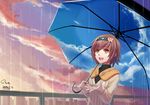  blush brown_hair dated eyebrows_visible_through_hair fueguchi_hinami hairband highres holding holding_umbrella looking_away looking_up open_mouth rain shon short_hair signature smile solo teeth tokyo_ghoul umbrella yellow_eyes 