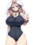  animal_ears bare_shoulders bell bell_collar breasts brown_hair bunny_ears cameltoe collar green_eyes highres huge_breasts long_hair looking_at_viewer masao one-piece_swimsuit original parted_lips simple_background skindentation smile solo swimsuit thigh_gap v white_background 