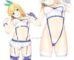  alzano_school_uniform arms_up bangs bare_shoulders black_gloves blonde_hair blue_eyes blue_legwear blush breasts cameltoe collarbone commentary_request directional_arrow embarrassed garter_straps gloves green_ribbon hair_ribbon head_out_of_frame head_tilt highres leaning_forward long_hair looking_at_viewer medium_breasts medium_hair mibu_natsuki miniskirt multiple_views navel nose_blush panties pleated_skirt revealing_clothes ribbon rokudenashi_majutsu_koushi_to_akashic_record round_teeth rumia_tingel school_uniform simple_background single_glove skirt stomach striped striped_panties sweat tareme teeth thighhighs torn_clothes torn_legwear translation_request underboob underwear upskirt white_background white_skirt wrist_cuffs 