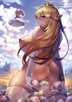  1girl ass back blue_eyes blue_sky blush breasts castle cloud cloudy_sky crown day egg egg_laying gao_(gaolukchup) grass jpeg_artifacts kneeling large_breasts long_hair looking_at_viewer looking_back mario_(series) nipples nude outdoors princess_peach pussy pussy_juice sky smile solo_focus super_mario_bros. sweat thighhighs thighs toad uncensored 