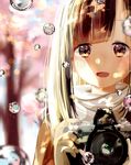  :d artist_name bangs blurry blush bokeh brown_eyes brown_hair bubble camera commentary depth_of_field eyebrows_visible_through_hair highres holding holding_camera long_hair looking_at_viewer open_mouth original outdoors scarf smile solo tareme upper_body water_drop white_scarf yuzua 