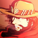  beard brown_eyes brown_hair bullet cape cigar close-up commentary cowboy_hat face facial_hair hat looking_at_viewer male_focus mccree_(overwatch) overwatch parted_lips portrait red_cape sijia_wang smoking solo 