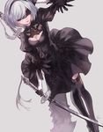  black_blindfold black_dress black_legwear blindfold bow cleavage_cutout dress feather-trimmed_sleeves feather_trim gloves hair_bow highres kanekiru katana lips mole mole_under_mouth nier_(series) nier_automata outstretched_arm short_hair silver_hair solo sword sword_behind_back thighhighs vambraces weapon yorha_no._2_type_b 