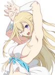  amagi_brilliant_park armpits arms_up bad_id bad_pixiv_id blonde_hair blue_eyes breasts derivative_work detached_sleeves highres large_breasts long_hair looking_at_viewer navel open_mouth revealing_clothes sideboob smile solo sylphy_(amaburi) tomoka two_side_up upper_body 