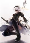  back_cutout black_dress black_hairband blindfold boots cleavage_cutout dress feather-trimmed_sleeves hairband highres leotard long_sleeves nier_(series) nier_automata silver_hair solo thigh_boots thighhighs thighhighs_under_boots tss-mire white_leotard yorha_no._2_type_b 