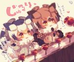  bangs beige_background black_hair blush brown_coat brown_eyes brown_hair candy_apple coat colored_eyelashes commentary_request drooling eurasian_eagle_owl_(kemono_friends) eyebrows_visible_through_hair feathers food fur-trimmed_coat fur-trimmed_sleeves fur_collar fur_trim grey_coat grey_hair hair_between_eyes heart kemono_friends long_sleeves multicolored multicolored_hair multiple_girls muuran northern_white-faced_owl_(kemono_friends) orange_hair parted_lips red_eyes signature simple_background translated white_hair 