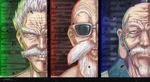  :d bald bang_(one-punch_man) beard clenched_teeth copyright_name dragon_ball facial_hair fenrisu1fr grin highres hunter_x_hunter isaac_netero looking_at_viewer multiple_boys mustache muten_roushi old_man one-punch_man open_mouth smile sunglasses teeth trait_connection white_hair wrinkles 