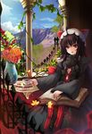  ahoge animal_ears black_hair book book_on_lap cat_ears chain chair cup dalian dantalian_no_shoka drink eyebrows_visible_through_hair fake_animal_ears flower holding holding_cup lock looking_at_viewer medium_hair open_book open_mouth plant plate red_eyes sitting smile sola_(sola04) solo table tea teacup vase vines 