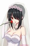  artist_name bare_shoulders black_hair breasts bridal_veil cleavage date_a_live dress flower frills hair_over_one_eye hair_up jewelry large_breasts lips long_hair looking_at_viewer necklace parted_lips qingchen_(694757286) red_eyes red_flower red_rose rose sidelocks solo strapless strapless_dress tokisaki_kurumi upper_body veil wedding_dress 
