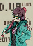  absurdres baseball_bat brown_hair chromatic_aberration d.va_(overwatch) delinquent highres long_hair overwatch solo sunglasses you_ren 