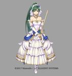  2017 blush breasts dress fire_emblem fire_emblem:_rekka_no_ken fire_emblem_heroes full_body green_eyes green_hair high_ponytail long_hair looking_at_viewer lyndis_(fire_emblem) medium_breasts official_art ponytail smile solo very_long_hair weapon wedding_dress yamada_koutarou 