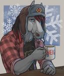  2016 abstract_background anthro beverage black_hair blue_eyes chewycuticle clothed clothing crimson cup flannel_shirt fur grey_fur hair hat highlights looking_at_viewer male red_highlights snow snowflake solo tea 