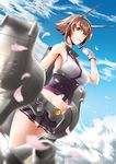  arm_at_side bangs black_skirt breasts brown_hair cherry_blossoms cloud collar day dutch_angle flipped_hair focused gloves green_eyes halterneck headgear highres kantai_collection kiriki_haruomi large_breasts looking_at_viewer metal_belt midriff mutsu_(kantai_collection) navel outdoors parted_lips pleated_skirt raised_fist short_hair sideboob skirt sky solo standing striped striped_skirt thighs turret white_gloves 