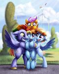  2017 blue_feathers bow_hothoof_(mlp) cloud cutie_mark daughter detailed_background equine father father_and_daughter feathered_wings feathers female friendship_is_magic grin group hair hooves mammal mother mother_and_daughter multicolored_hair my_little_pony one_eye_closed open_mouth outside parent pegasus rainbow_dash_(mlp) rainbow_hair scootaloo_(mlp) smile tsitra360 windy_whistles_(mlp) wings young 