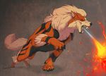  2015 arcanine canine digital_media_(artwork) explicital fangs feral fire fire_breathing fur mammal nintendo open_mouth orange_fur pok&eacute;mon simple_background solo striped_fur stripes video_games white_fur 