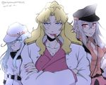  3girls balalaika_(black_lagoon) belt black_lagoon blonde_hair blue_eyes breasts buttons cigar cleavage commentary_request crossed_arms crossover dated epaulettes eyebrows eyebrows_visible_through_hair female_admiral_(kantai_collection) flat_cap gangut_(kantai_collection) grey_hair hair_between_eyes hammer_and_sickle hand_on_hip hat hibiki_(kantai_collection) highres jacket kantai_collection large_breasts lipstick long_hair makeup medium_breasts military military_uniform mole mole_under_eye multiple_girls nail_polish number peaked_cap pink_lipstick pink_nails pleated_skirt red_eyes red_jacket red_shirt scar scar_across_eye school_uniform serafuku shirt short_sleeves shou_tian sidelocks silver_hair skirt smile star twitter_username uniform verniy_(kantai_collection) 