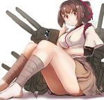  ankle_wrap barefoot breasts brown_eyes brown_hair brown_hakama cannon fairy_(kantai_collection) hair_between_eyes hair_ribbon hakama ise_(kantai_collection) japanese_clothes kantai_collection kneehighs large_breasts looking_at_viewer machinery nontraditional_miko ponytail ribbon sandals short_hair simple_background sitting solo thighs undershirt utopia 