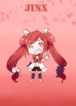  1girl alternate_costume alternate_hair_color alternate_hairstyle bare_shoulders chibi jinx_(league_of_legends) kuro_(league_of_legends) league_of_legends lipstick long_hair magical_girl red_bow red_bowtie red_eyes red_hair shiro_(league_of_legends) short_shorts shorts star_guardian_jinx thighhighs tied_hair twintails very_long_hair wink 