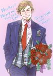  1boy ^_^ beard blush bouquet brown_hair character_name closed_eyes emil_nekola english facial_hair flower formal grin leaf male_focus mustache necktie pink_background red_flower red_rose rose shuuko_(sssssdsn_a) simple_background smile solo suit teeth upper_body yuri!!!_on_ice 