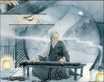  chinese_clothes grey guqin hanfu incense indoors instrument lan_wen_xuan lantern long_hair looking_to_the_side male_focus music playing_instrument ponytail sitting solo white_hair 