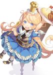  :d arm_up blonde_hair blue_dress blue_eyes blush chair charlotta_fenia dish dress food from_above granblue_fantasy harvin holding holding_spoon long_hair looking_up mini_flag open_mouth outstretched_arm pointy_ears sitting sketch smile spoon very_long_hair white_background yumekui 