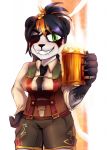  1_eye 2018 alcohol anthro beer beverage black_hair blizzard_entertainment blush breasts clothed clothing colored digital_media_(artwork) drunk eye_patch eyewear fangs female fur green_eyes hair holding_object ligynkey looking_at_viewer mammal oktoberfest panda pandaren simple_background slightly_chubby smile solo standing teeth thick_thighs ursine video_games warcraft white_fur 