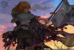  armor armored_dress banner black_skirt blonde_hair blood burnt_clothes capelet cloud command_spell fate/grand_order fate_(series) field_of_blades fire flag fujimaru_ritsuka_(female) gauntlets hair_over_eyes headpiece jeanne_d'arc_(alter)_(fate) jeanne_d'arc_(fate)_(all) multiple_girls orange_hair pantyhose planted_sword planted_weapon short_hair skirt standard_bearer sunset sword veerinly weapon 