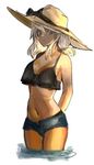  breasts dark_skin guilty_gear guilty_gear_xrd hat long_hair looking_at_viewer medium_breasts navel orange_eyes ramlethal_valentine shorts solo swimsuit torakichi_(kamima33) white_hair 