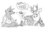 absurd_res angry anthro antlers betty_(weaver) beverage canine cervine clothed clothing deer dialogue disney english_text fan_character female flirting glass greyscale group half-closed_eyes hi_res horn male mammal monochrome nobby_(artist) pack_street simple_background speech_bubble text velvet_roe_(weaver) white_background wolf zootopia 