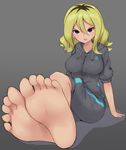  1girl arm_support barefoot blonde_hair blue_lipstick breasts debutya_aki delinquent_(pokemon) feet grey_eyes hoodie large_breasts lipstick long_hair looking_at_viewer npc_trainer pokemon pokemon_(game) pokemon_oras pov pov_feet sitting soles toes track_jacket track_pants 
