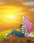 anthro canine clothed clothing female fur hair invalid_tag jessy looking_away mammal maylehh nature pink_hair sitting solo sunset white_fur wolf 