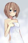  bare_shoulders blanc blancpig_yryr blue_eyes blush brown_hair covering highres looking_at_viewer neptune_(series) nude_cover short_hair solo steam towel white_towel 