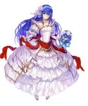  bangs bare_shoulders blue_eyes blue_hair bouquet breasts bridal_gauntlets collarbone detached_collar dress eyebrows_visible_through_hair fire_emblem fire_emblem:_monshou_no_nazo fire_emblem_heroes flower full_body hair_flower hair_ornament hairband highres holding long_hair looking_at_viewer medium_breasts official_art sheeda sleeveless sleeveless_dress smile solo standing transparent_background wedding_dress white_dress yoshiku_(oden-usagi) 