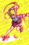  1girl arms_(game) athenawyrm bike_shorts blonde_hair boxing_gloves domino_mask green_hair mask multicolored_hair nintendo ponytail ribbon_girl_(arms) shorts_under_skirt skirt solo two-tone_hair 